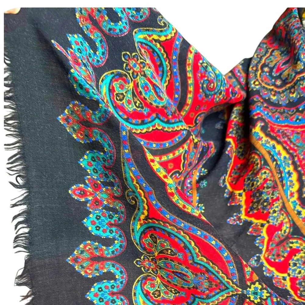 Vintage Specialty House Pure Wool Paisley Black Red Wrap Scarf Made in Italy